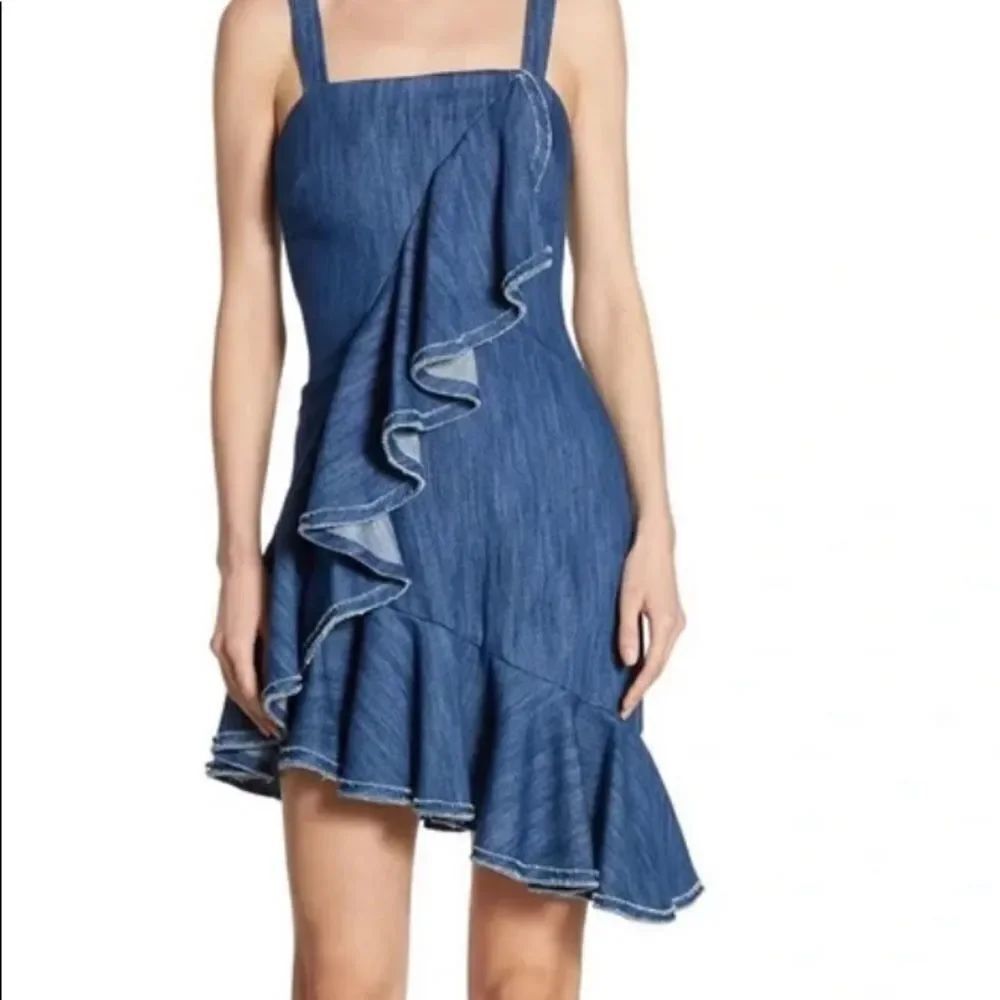 Alexis Shiloh chambray denim ruffle asymmetrical hem mini dress XS